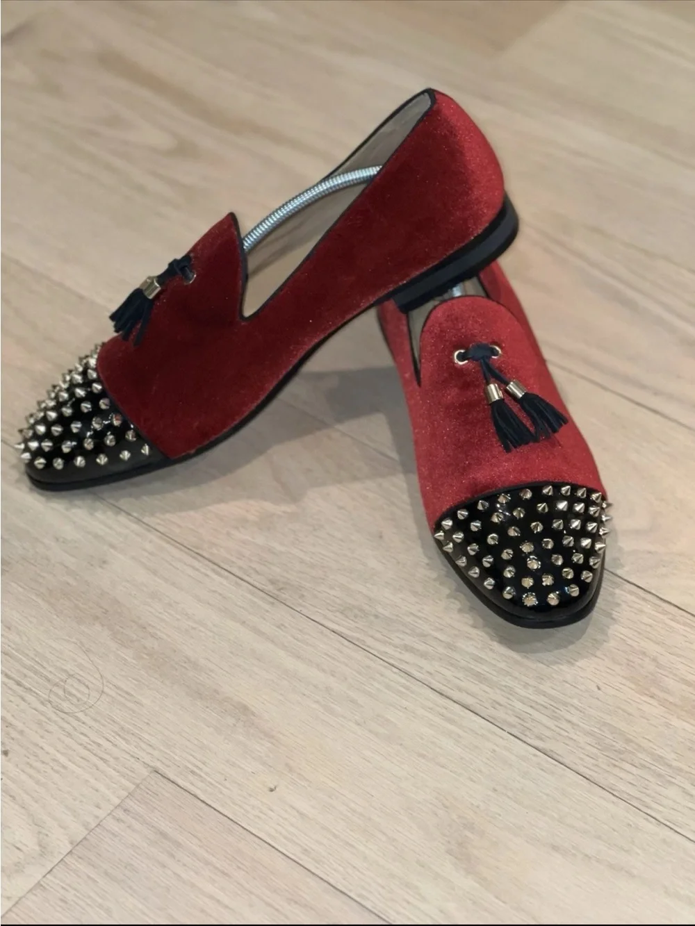 Red Velvet Studded Loafers Tassel Smoking Shoes Size 13 Wedding Formal Men